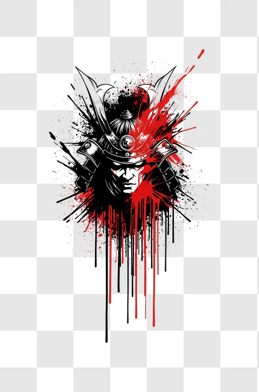 samurai head glitch art with red splatter