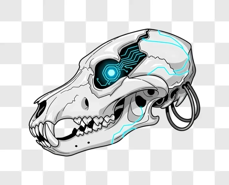 scifi cybernetic dog skull with blue glow