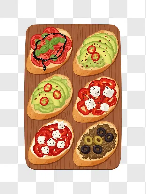 six tasty bruschetta varieties on board