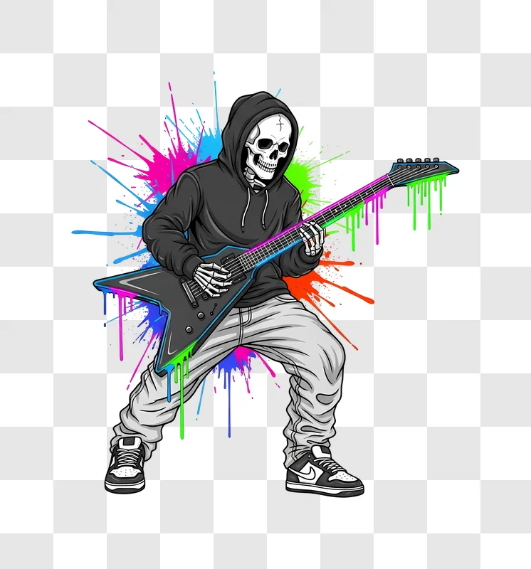 skeleton guitarist in hoodie with neon drips