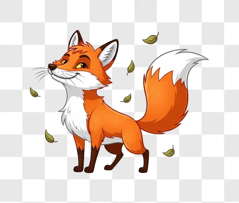 smiling cartoon fox with falling autumn leaves