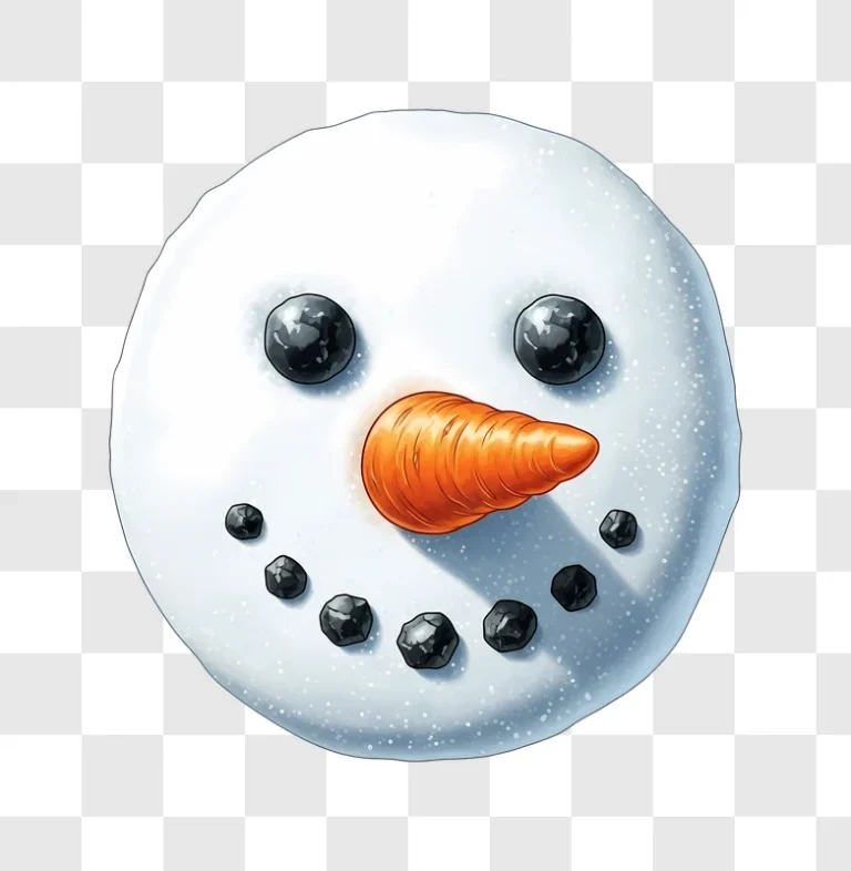 snowman face with carrot nose and coal eyes