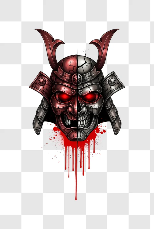split samurai mask red glowing eyes dripping blood