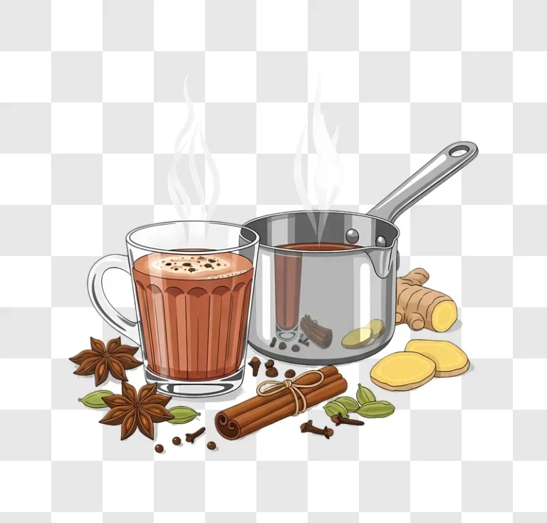 steaming cup of chai with spices and pot