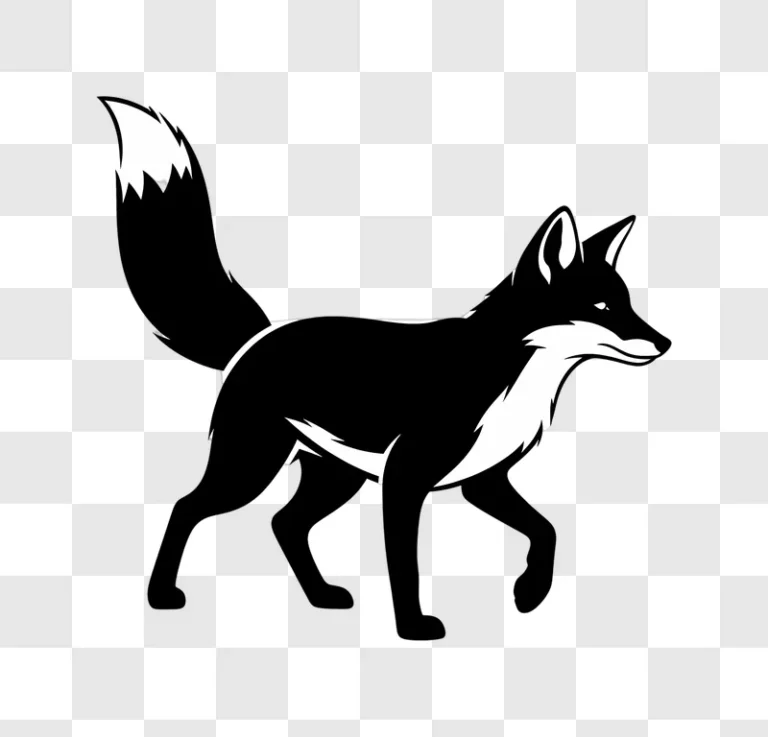 stylized black and white fox walking
