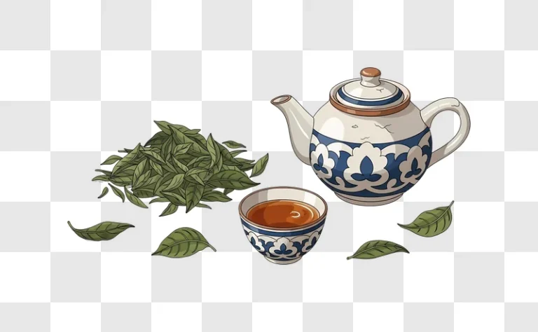 tea pot and leaves on table