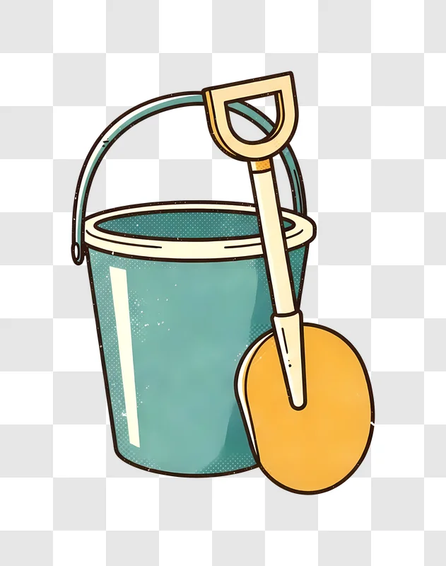 teal bucket and yellow shovel