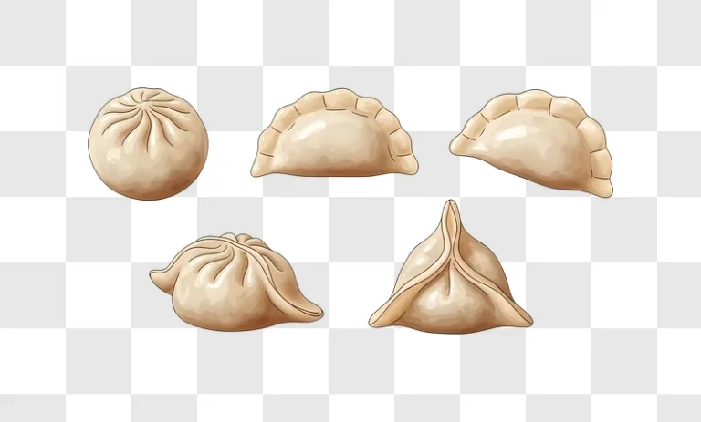 various dumplings on brown background
