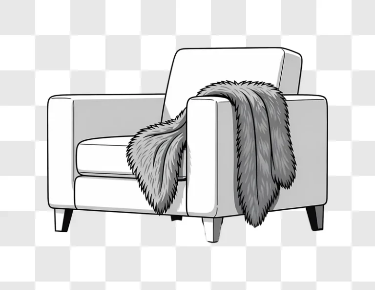 white armchair with grey fur throw isolated