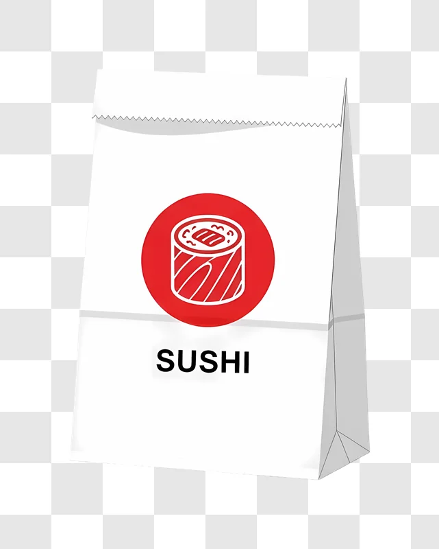 white paper takeout bag with sushi logo