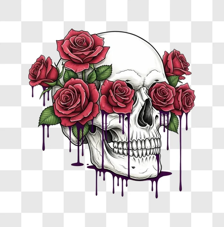 white skull with red roses and purple drips