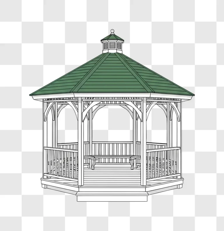 white wooden gazebo with green roof and benches