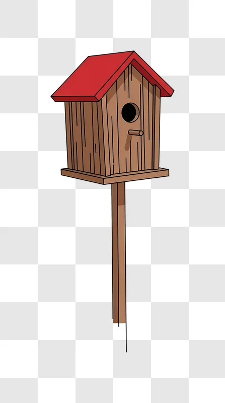 wooden birdhouse with red roof on pole illustration