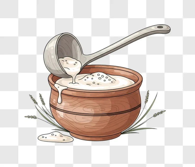wooden bowl of flour with ladle