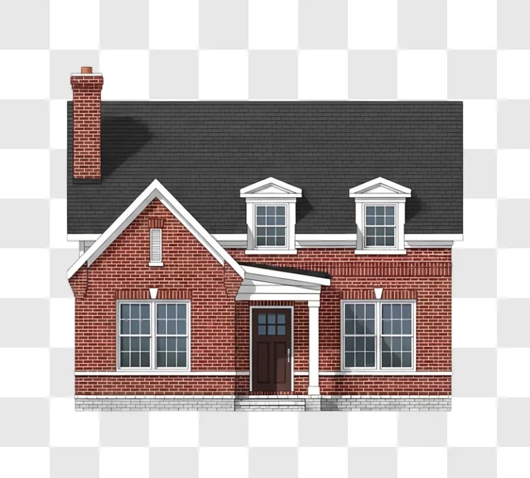 brick house with dormer windows and chimney