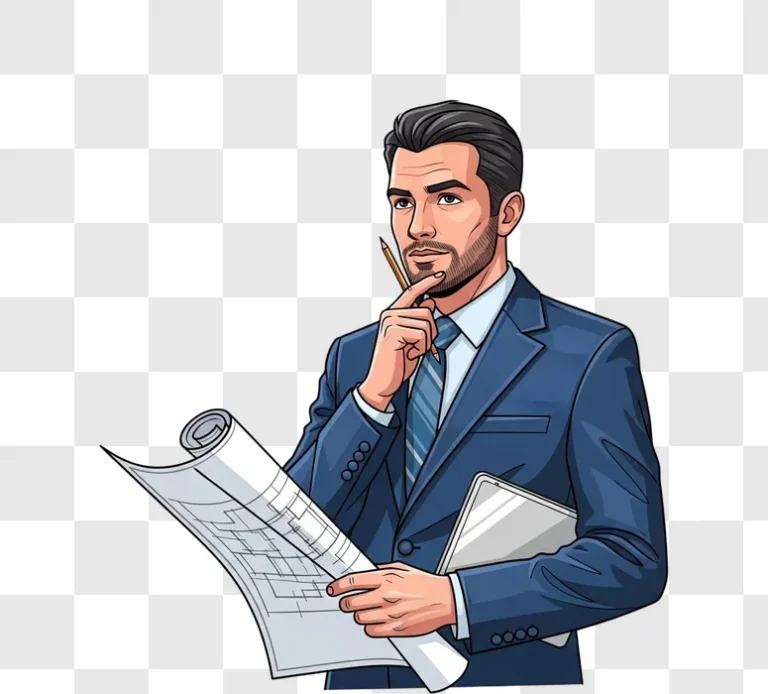 businessman holding blueprints and pencil