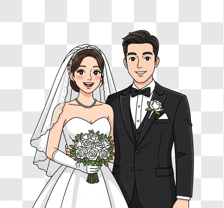 cartoon asian wedding couple standing