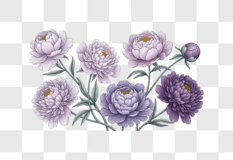 collection of purple peony flowers with green stems