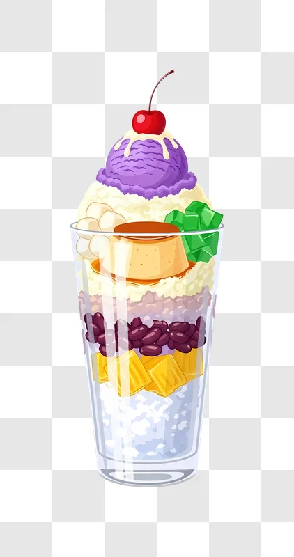 dessert glass with ube ice cream and flan