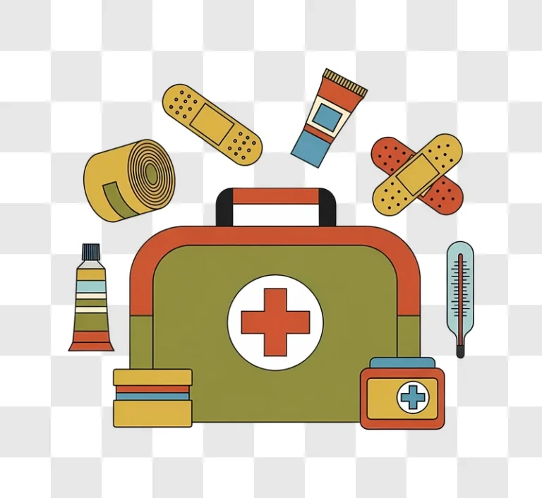 first aid kit with bandages and thermometer