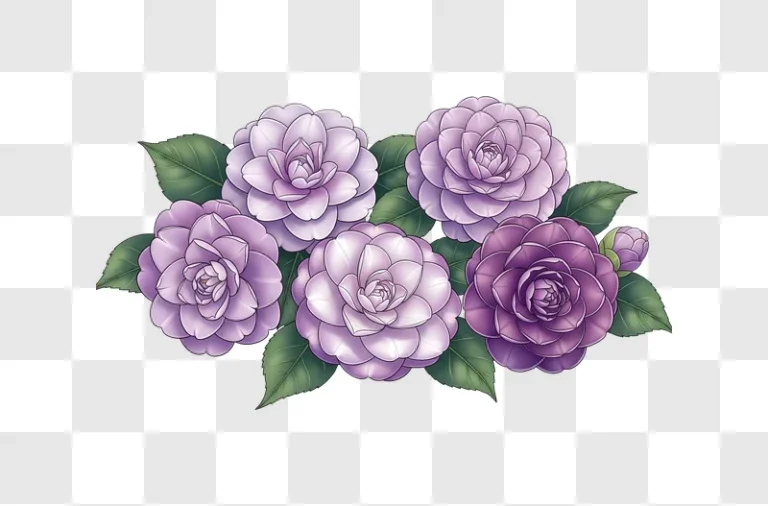 five purple camellia flowers with leaves