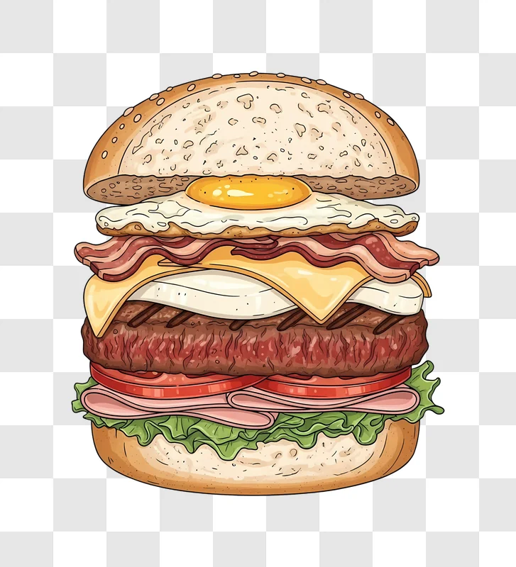 giant burger with fried egg and bacon