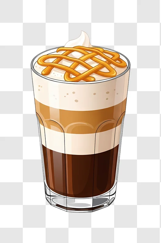 layered coffee drink with caramel drizzle on top