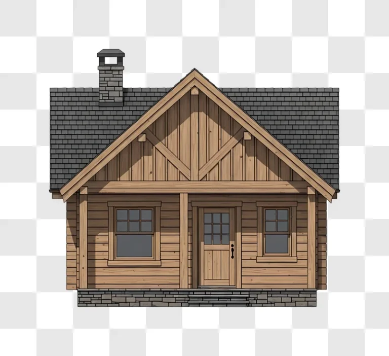 log cabin front facade with stone foundation