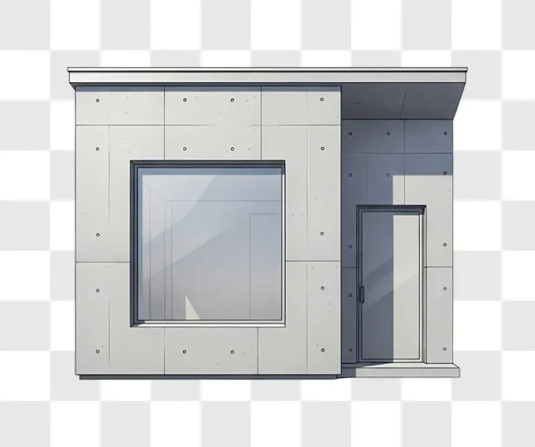 modern concrete building with large window and door