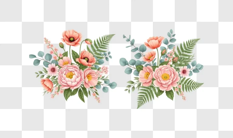 pink flowers with green leaves illustration