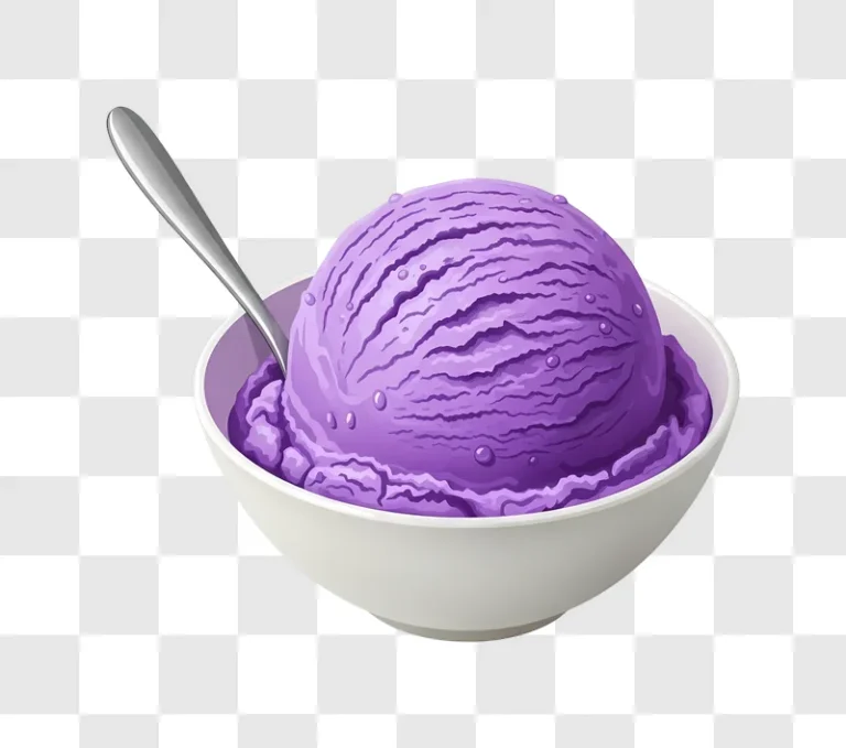purple ice cream scoop in bowl with spoon