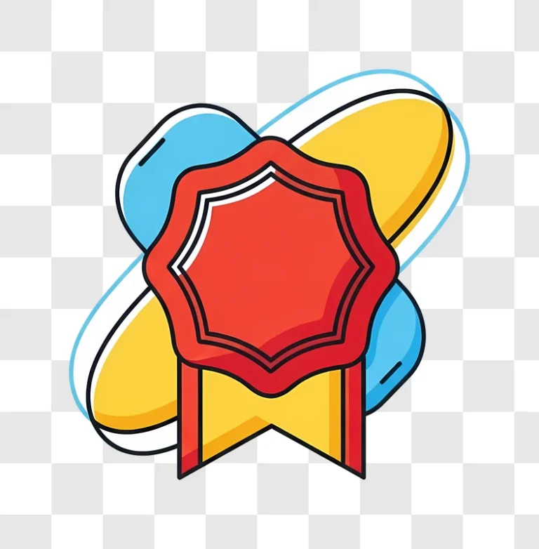 red badge icon with blue and yellow shapes