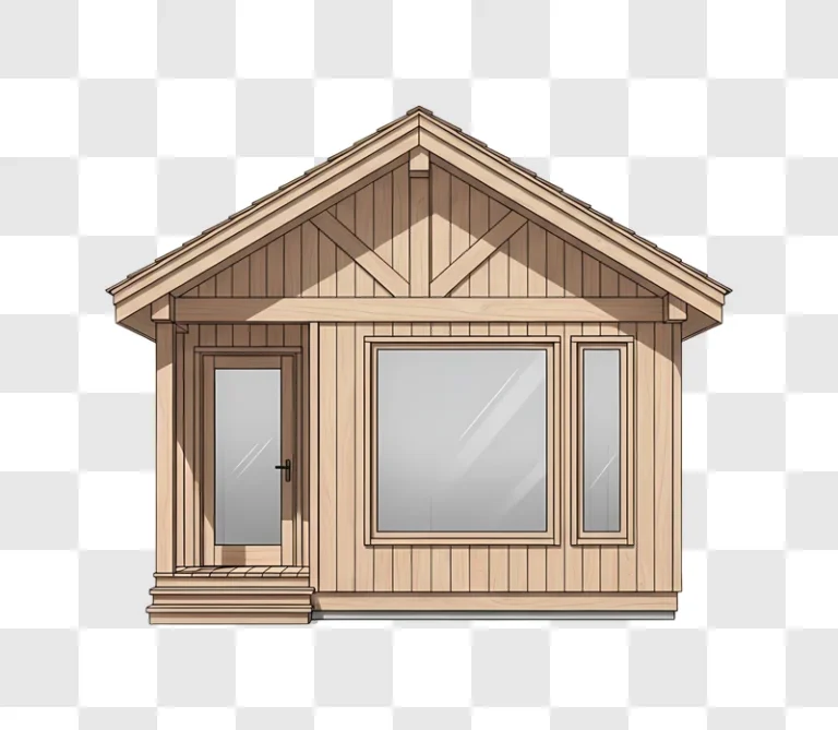 small wooden cottage front view