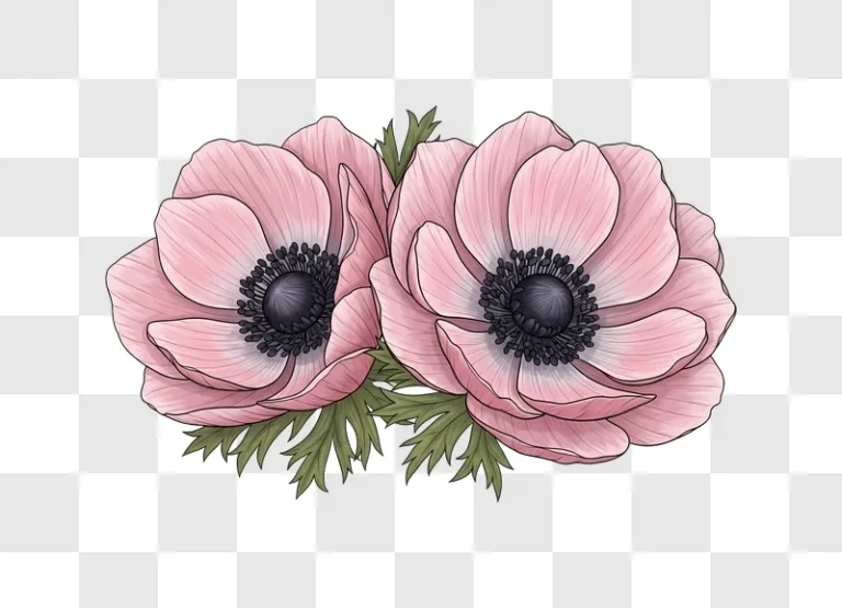 two pink anemone flowers with dark centers and green leaves