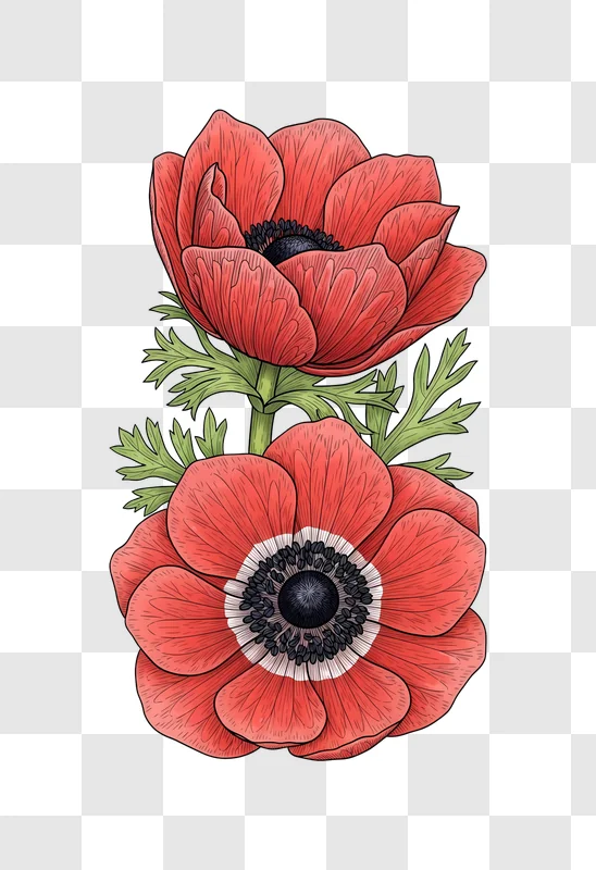 vibrant red anemone flowers botanical illustration