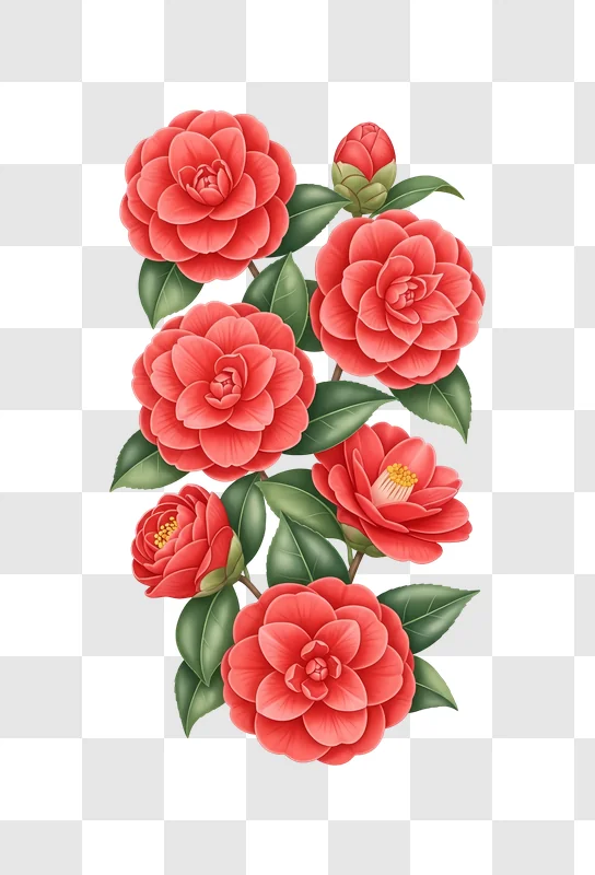 vibrant red camellia flowers and buds