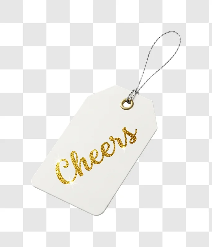 white tag with gold cheers text