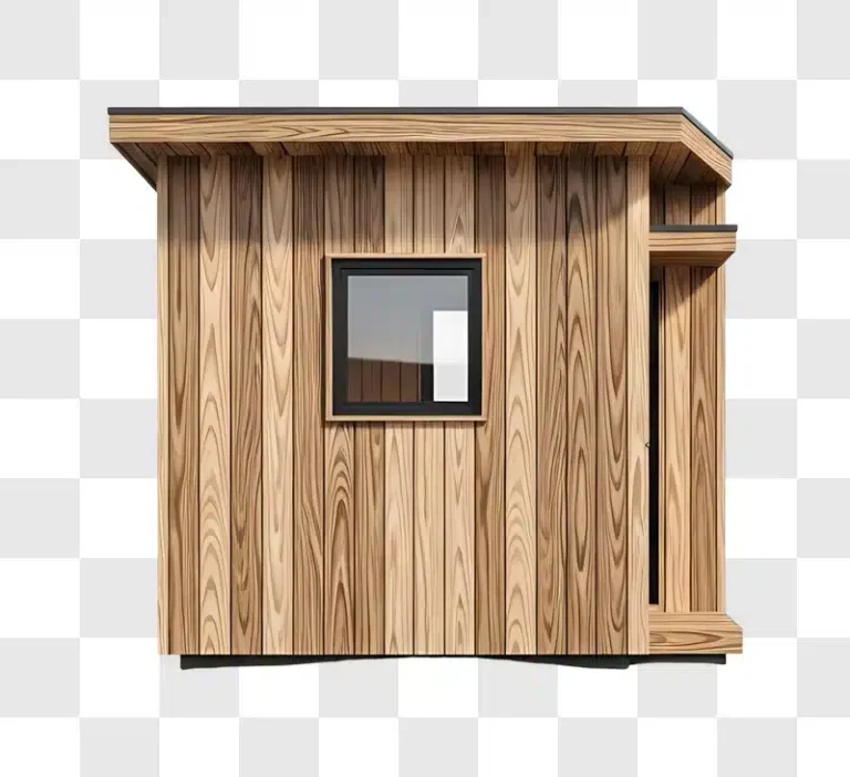 wooden cabin with small black framed window