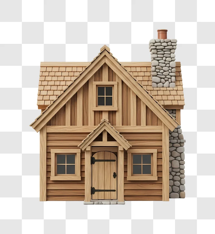 wooden cabin with stone chimney and windows