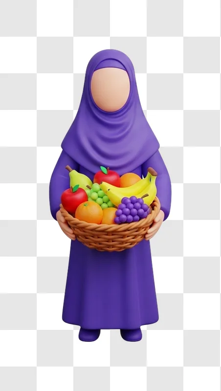 3d muslim woman in purple hijab with fruit basket