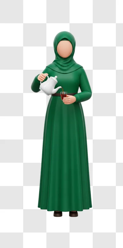 3d woman in green hijab pouring beverage