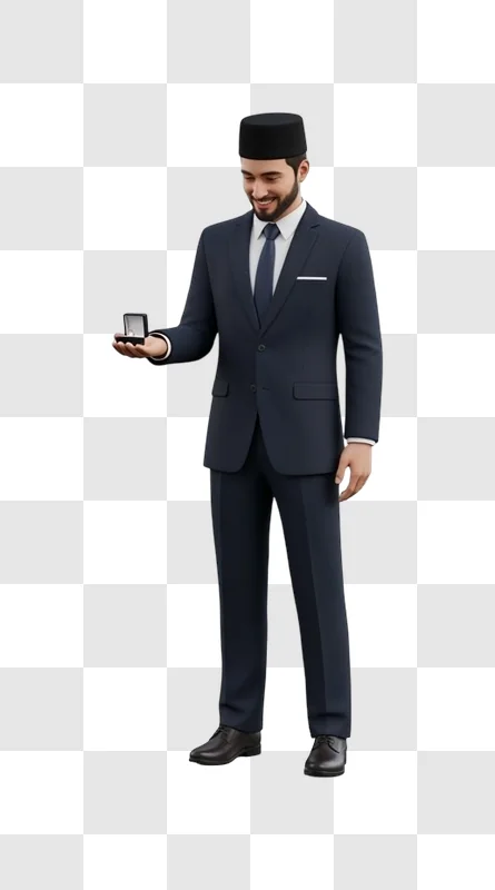 a man wearing a suit holding a ring box