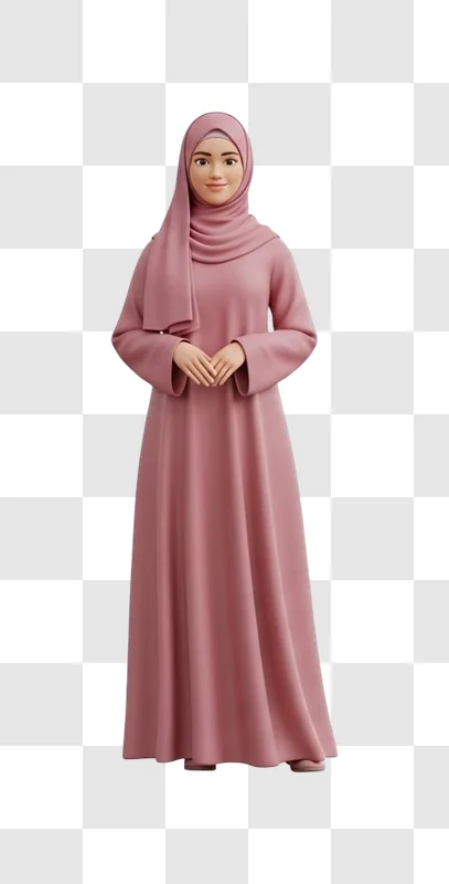 animated muslim woman wearing pink abaya smiling