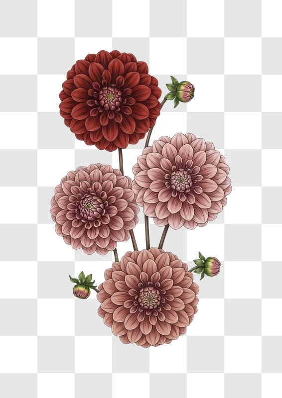 beautiful dahlia flowers and buds illustration