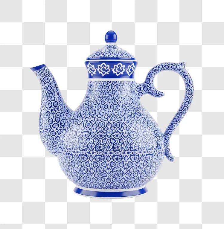 blue and white ceramic teapot closeup