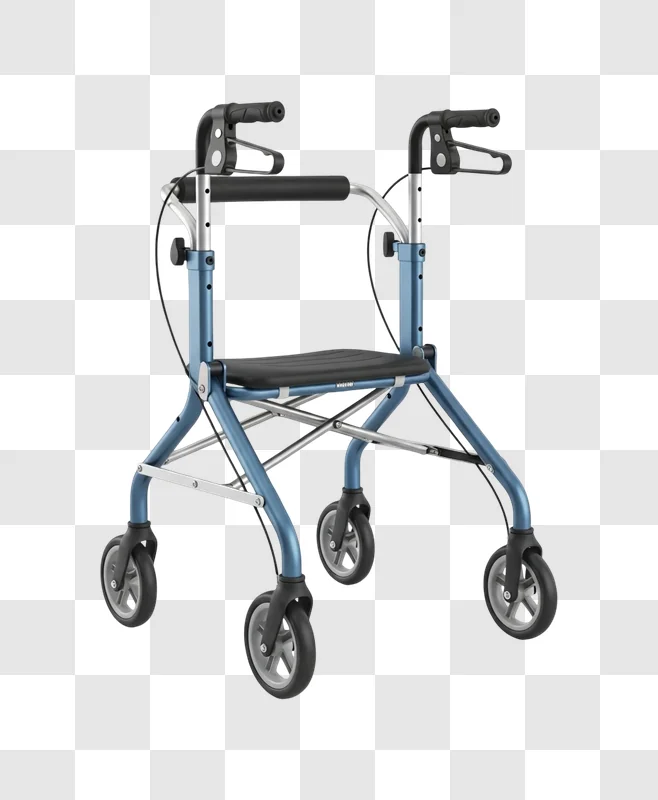 blue walker with four wheels