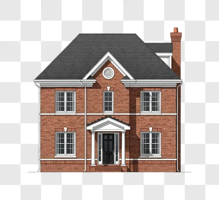 brick house with dark roof and windows