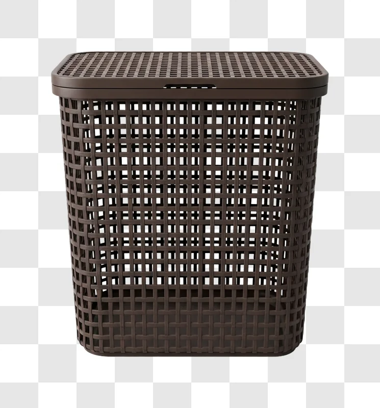 brown plastic laundry basket with lid