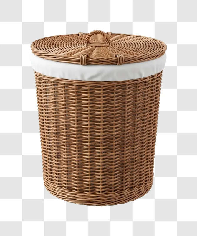 brown wicker laundry basket with lid