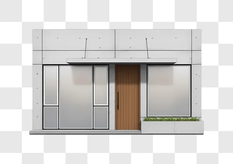 building entrance with wooden door and windows